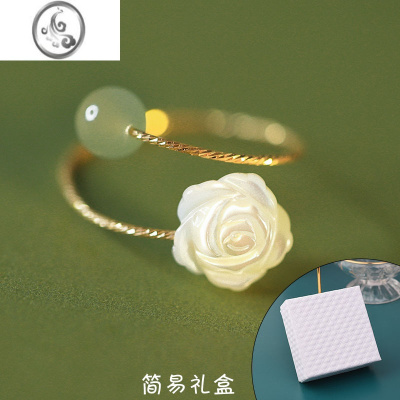 JiMis925银玫瑰花和田玉戒指女小众设计高级复古风食指开口可调节尾戒