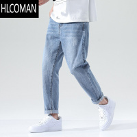 HLCOMAN浅蓝色牛仔裤男款加绒直筒宽松男裤款水洗复古休闲长裤男