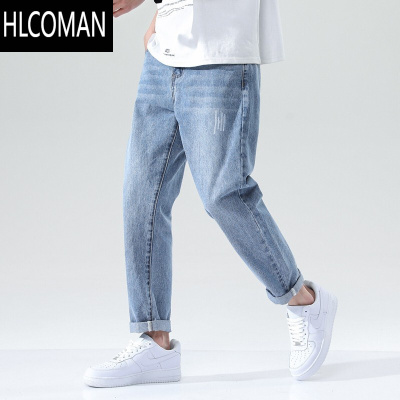HLCOMAN浅蓝色牛仔裤男款加绒直筒宽松男裤款水洗复古休闲长裤男