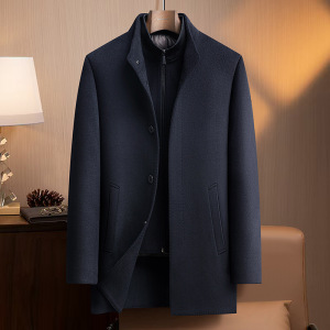 90鸭绒脱卸内胆中老年男式双面呢羊毛大衣双领中长保暖呢子大衣男