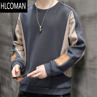 HLCOMAN秋季复古长袖t恤男卫衣宽松大码运动春季加绒休闲美式拼接上衣服