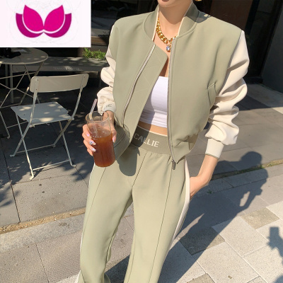 七斓棒球服套装女春新款韩国气质短款外套显瘦休闲三件套时尚运动服潮