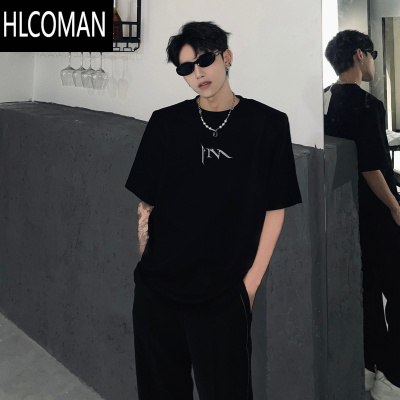 HLCOMAN韩版ins高级感垫肩短袖t恤男夏季设计感印花宽松百搭休闲上衣