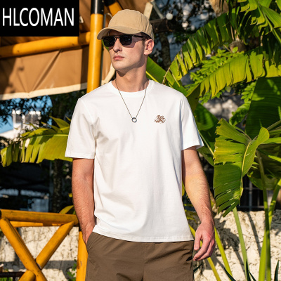 HLCOMAN210g长绒棉短袖t恤男夏季字母印花休闲百搭正肩上衣服