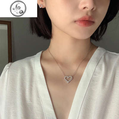 韩国S925纯银锆石镶钻气质镂空爱心桃心吊坠女锁骨链心形女短项链 JiMi