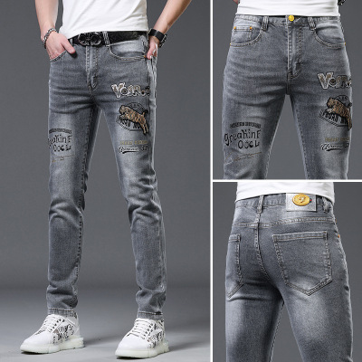 轻奢欧货潮牌牛仔裤男夏季新款刺绣弹力修身小脚休闲裤子男