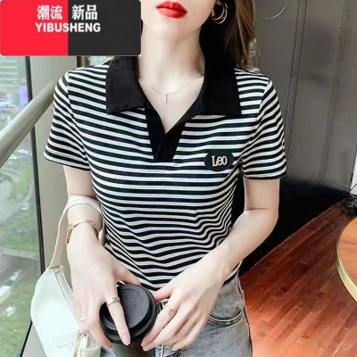 YIBUSHENG季短袖POLO领上衣2024新款时尚妈妈宽松休闲运动百搭大码T恤女