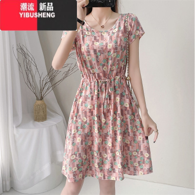 YIBUSHENG季新款短袖碎花棉绸连衣裙女抽绳小个子人造棉外穿收腰中长裙子