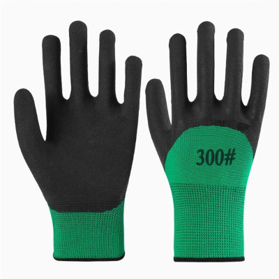 厚玖 13针尼龙浸胶防滑耐磨劳保手套防刺防滑防水 绿黑发泡300# 12双起订单位:双