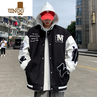 YANXU毛呢棒球服美式夹克男加肥加大码潮牌胖子宽松休闲连帽帅气春季装