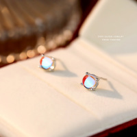 s999足银幻彩月光石圆形耳钉女简约小清新迷你高级感小众純銀耳饰送女朋友老婆情人节七夕生日礼物