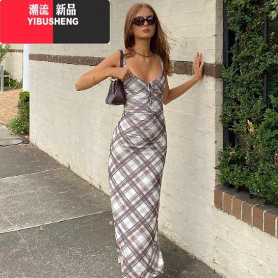 YIBUSHENG法式chic格纹V领吊带连衣裙女新款显瘦气质复古茶歇小众中长裙ins