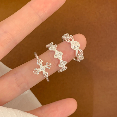 为晚纯银十字架四叶草戒指女轻奢高级感时尚个性叠戴食指戒配饰潮送女朋友老婆情人节七夕生日礼物