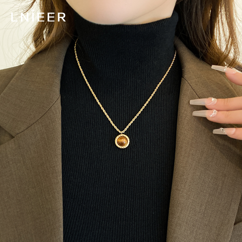 美拉德风法式高级复古天然虎眼石项链女串珠毛衣链长款锁骨链颈链送女朋友老婆情人节七夕生日礼物