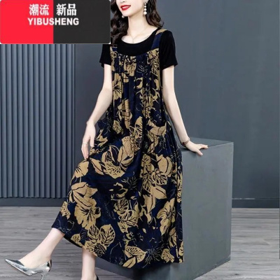 YIBUSHENG季套装时尚洋气背带连衣裙温柔风长裙法式女士短袖天 一整套