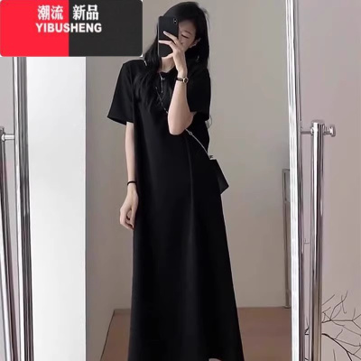 YIBUSHENG黑色连衣裙子赫本风长裙法式小个子气质显瘦御姐t恤季2024新款