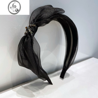 JiMi韩国高级感欧根纱蝴蝶结镶钻头箍简约气质百搭外出压发卡通勤发箍