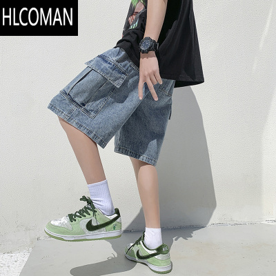 HLCOMAN工装牛仔短裤男夏季欧美高街大口袋五分裤宽松直筒百搭运动中裤潮
