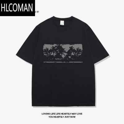 HLCOMAN椰树影美式设计感短袖男夏季新款海滩休闲黑色潮流男士t恤