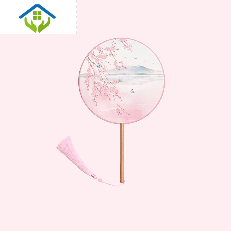 团扇中国风舞蹈夏季古典古装儿童汉服女式长柄流苏小圆扇 03樱花蓝蝶