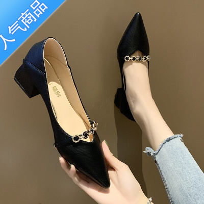 SUNTEK仙女风百搭四季鞋子2023春秋新款高跟鞋中跟尖头粗跟配裙子单鞋女