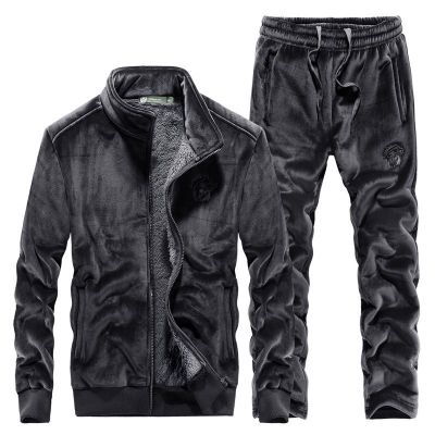 JPDUN新款套装休闲卫衣外套男青年纯色加绒保暖金丝绒套装