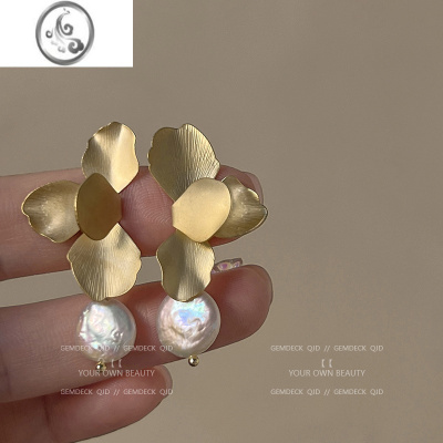 JiMi法式复古金属花瓣珍珠耳环高级感小众设计耳夹气质冷淡风耳钉耳饰