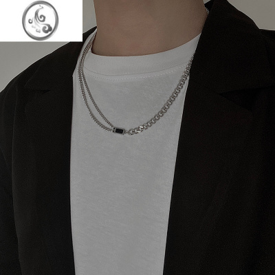 JiMi双层方块黑钻项链男士潮嘻哈简约百搭锁骨链女潮搭配衣服钛钢街头