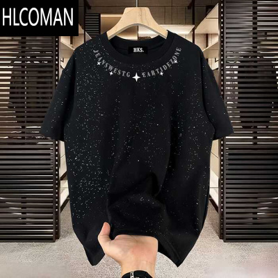 HLCOMAN夏季新款满天星短袖T恤男士百搭印花创意圆领轻奢上衣潮