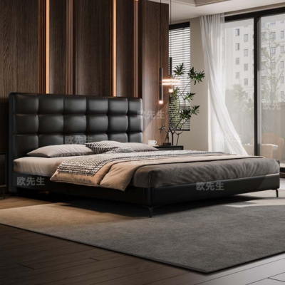 头层牛皮床主卧次卧双人大床实木真皮极简婚床