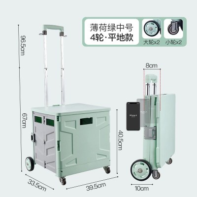 家柏饰(CORATED)买菜车小拉车家用手推车爬楼梯拉杆车野餐超市折叠购物车 薄荷绿[升级款中号-4轮]