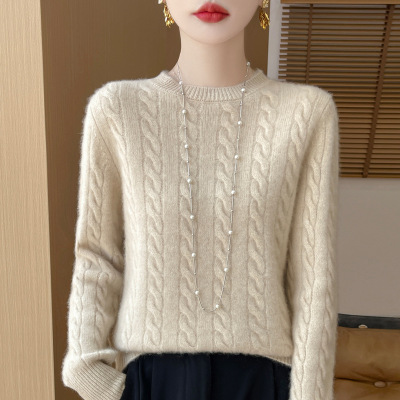 秋冬新款圆领麻花针织羊毛衫女宽松套头百搭毛衣时尚气质长袖上衣