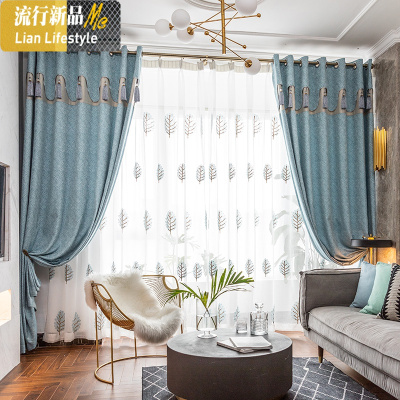 轻奢北欧风新中式自带帘头客厅卧室窗帘遮光拼接超高成品定制 三维工匠