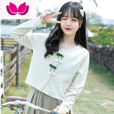 七斓2023春新款宽松短款长袖T恤女百搭打底衫小清新樱桃上衣潮