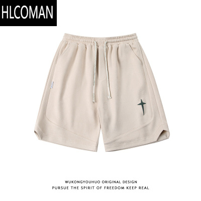 HLCOMAN美式高街印花绒短裤男女国潮情侣宽松百搭运动五分裤