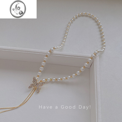 JiMi小众蝴蝶珍珠项链2022年新款女轻奢高级感毛衣链时尚百搭吊坠配饰