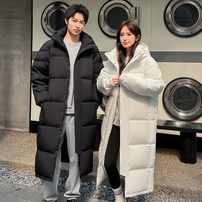 冬季羽绒服男女长款韩版ins过膝可二开纯色加厚保暖鸭绒男士外套