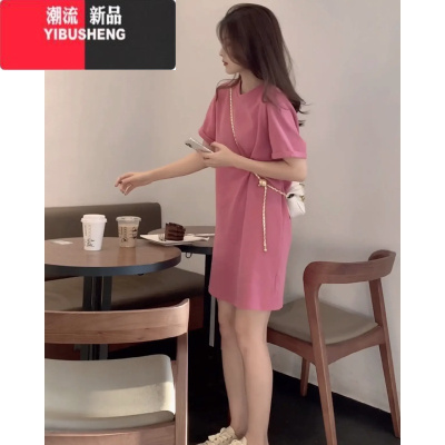 YIBUSHENG季新款小个子欧货女装粉色短袖褶皱连衣裙女百搭中长款圆领T恤