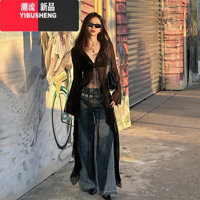 YIBUSHENG## 街头辣妹潮酷帅气个性系带喇叭袖收腰连衣裙长裙女百搭