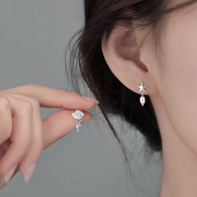 s925银针海星贝壳不对称耳钉女小众清冷感韩系耳坠轻奢个性耳饰送女朋友老婆情人节七夕生日礼物