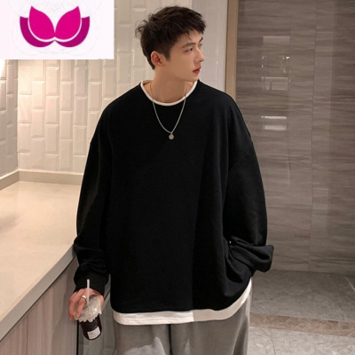 七斓假卫衣男ins潮牌美式圆领宽松休闲上衣简约百搭长袖t恤