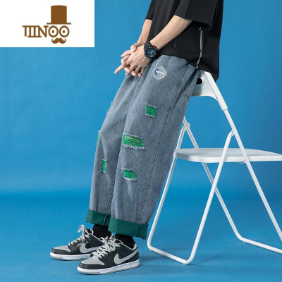 YANXU破洞牛仔裤男直筒宽松裤子男ins潮牌时尚高街痞帅阔腿长裤