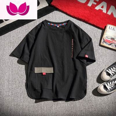 七斓日系工装短袖t恤男夏季薄款大码宽松潮牌亚麻五分袖学生半袖衣服