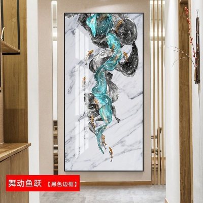 九鱼图玄关装饰画走廊过道挂画客厅酒店 舞动鱼跃(黑色边框) 60*120cm晶瓷画(晶瓷工艺+金属框)统一发金色边框(需