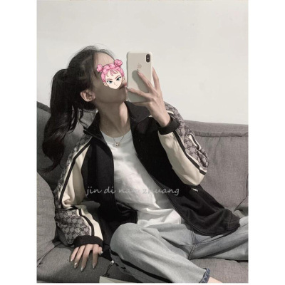 迪鲁奥（DILUAO)春秋格子外套女宽松ins运动棒球服BF嘻哈风休闲黑