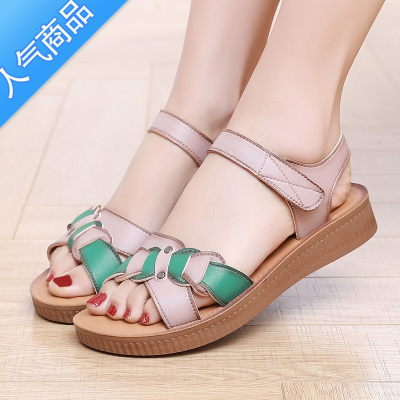 SUNTEK妈妈凉鞋女2023新款夏季中年妇女40岁舒适平底中老年人皮凉鞋50岁