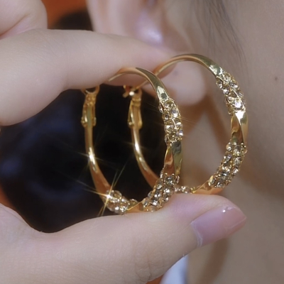 高档香槟金色锆石奢华圈圈耳环优雅显瘦百搭日常通勤耳圈时髦气质送女朋友老婆情人节七夕生日礼物