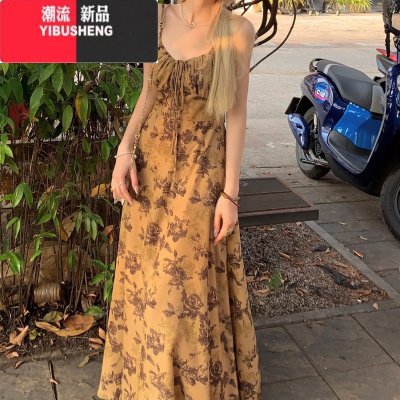 YIBUSHENG法式复古水墨印花吊带连衣裙女季新款碎花高级感大码显瘦长裙子