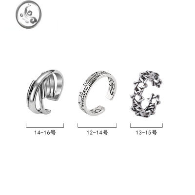 JiMi复古简约做旧套装戒指女嘻哈ins男潮时尚个性小众设计开口食指环