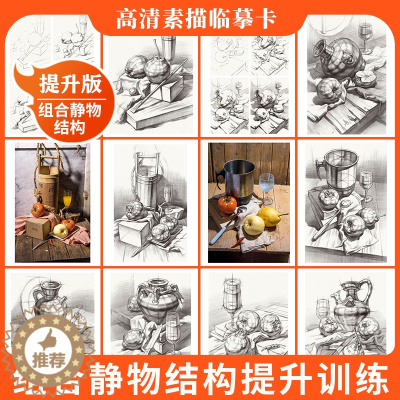 [醉染正版]素描组合静物结构临摹卡提升版临摹范本组合画册集美术基础单个罐子道具结构解析照片写生创意卡片校联考高考名师绘画